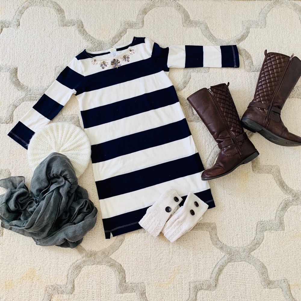 Girls’ navy blue and white striped dress